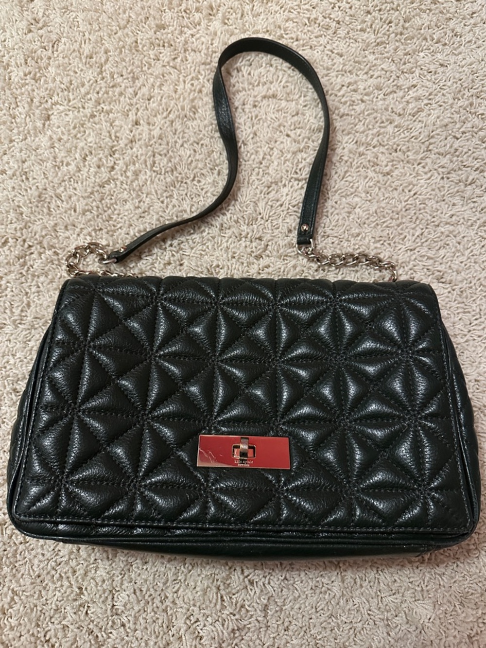 Quilted Dark Green Leather Shoulder Bag with Chain Strap